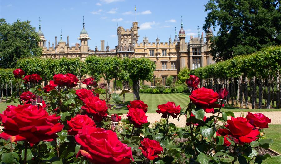 Knebworth House exterior with rose garden