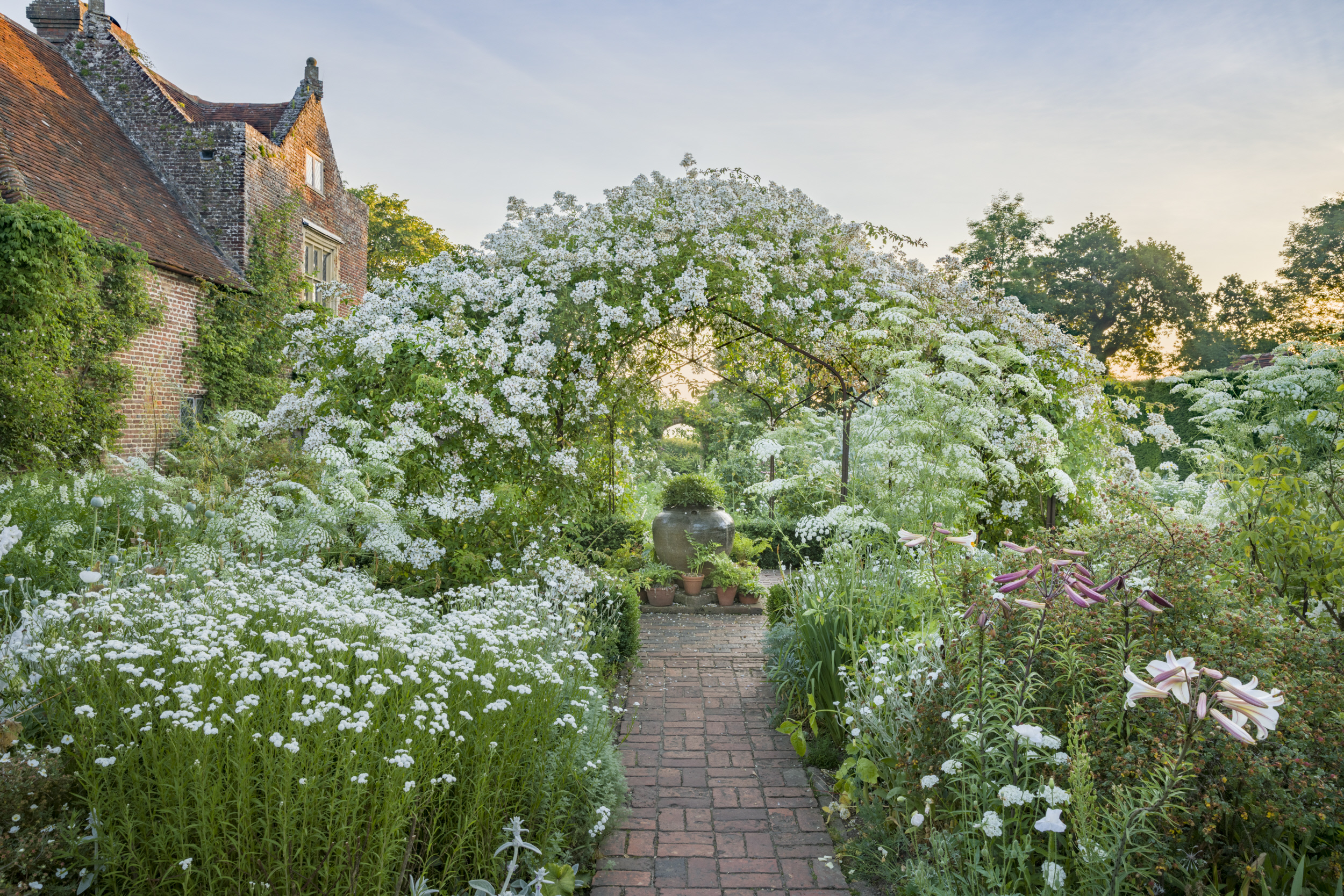 The White Garden in June at Sissinghurst Castle Garden, Kent.