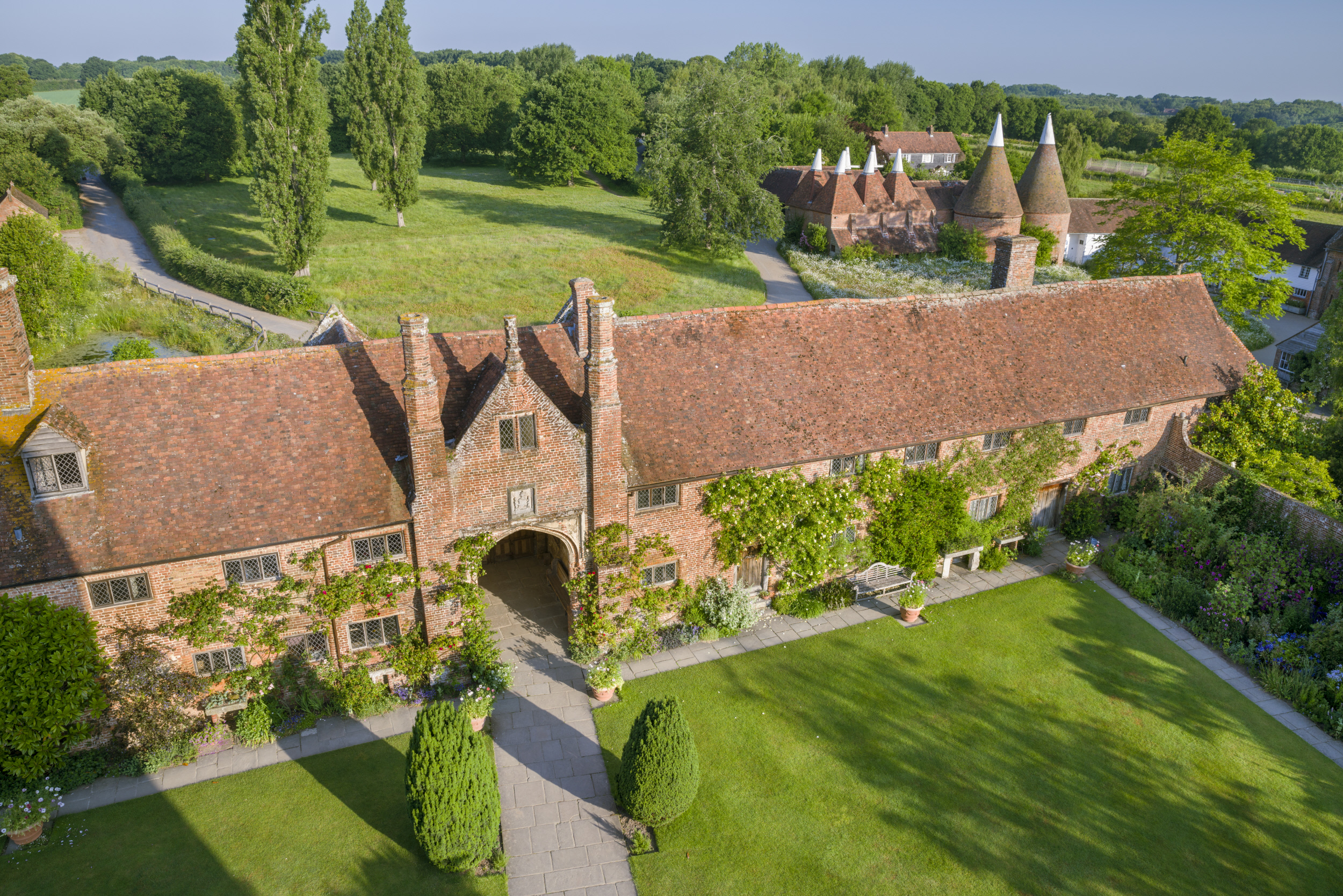 The Lower Courtyard from the Tower at Sissinghurst Castle Garden, Kent.